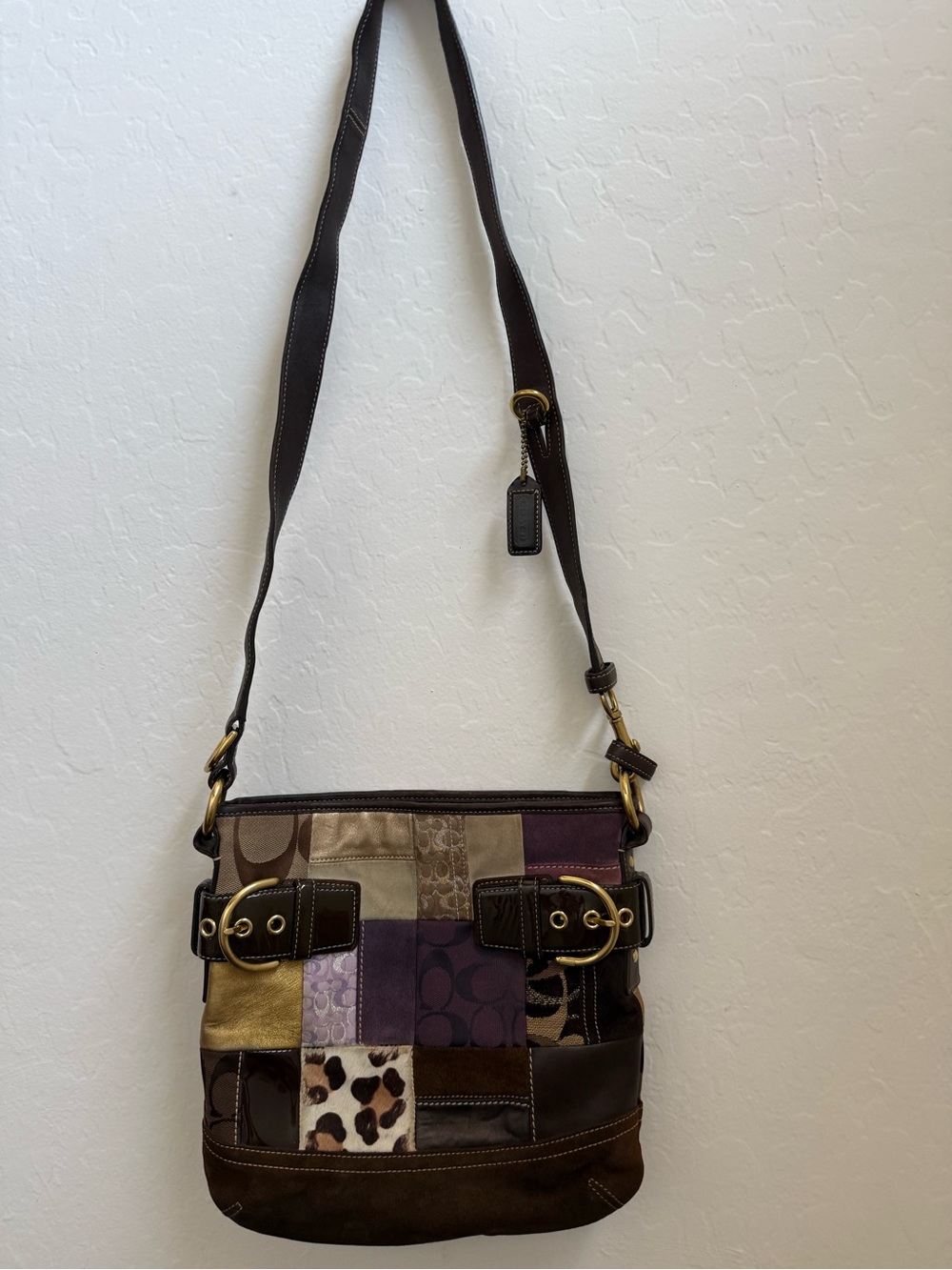 Coach Patchwork Crossbody Bag in Brown, Purple and Cream